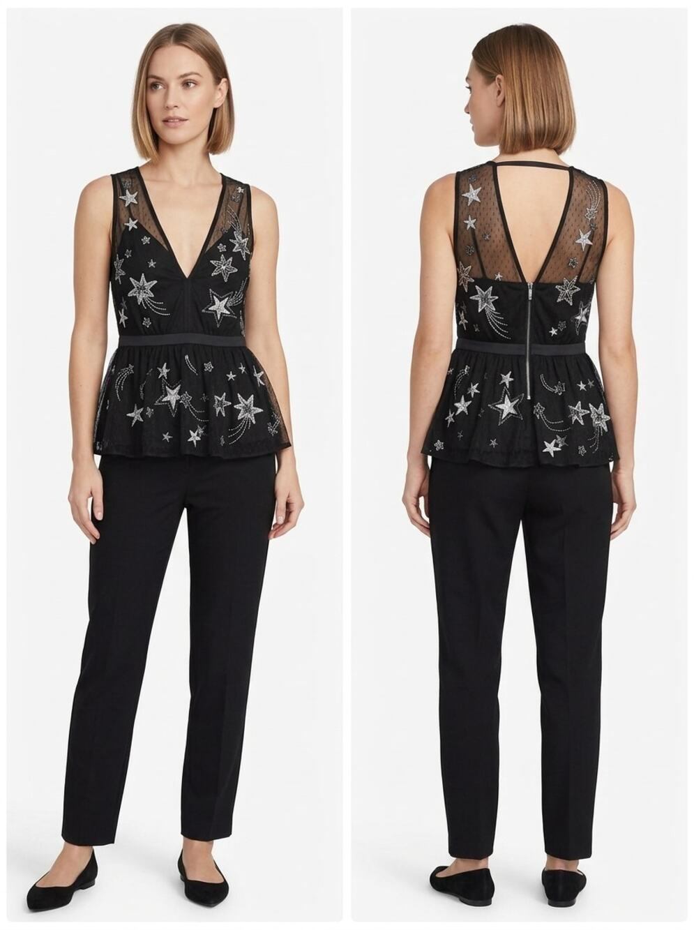 Express Black Embroidered Rhinestone Peplum Blouse Women Size 2